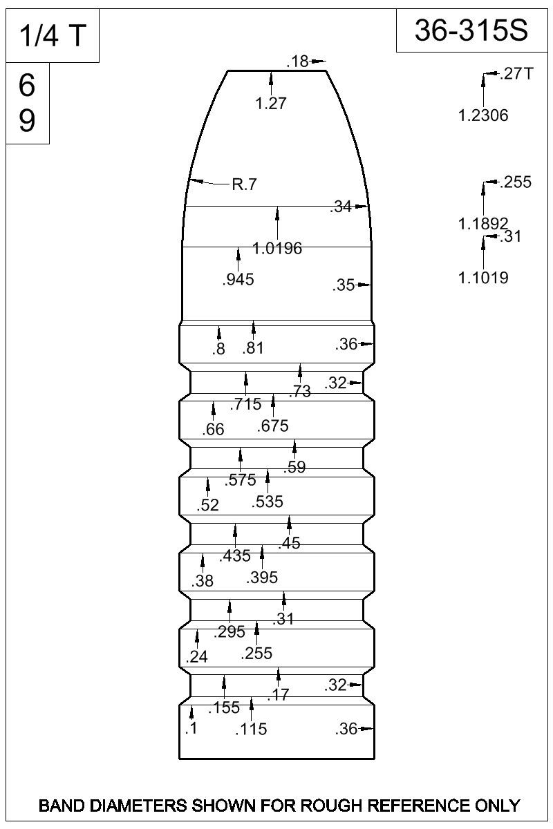 Dimensioned view of bullet 36-315S