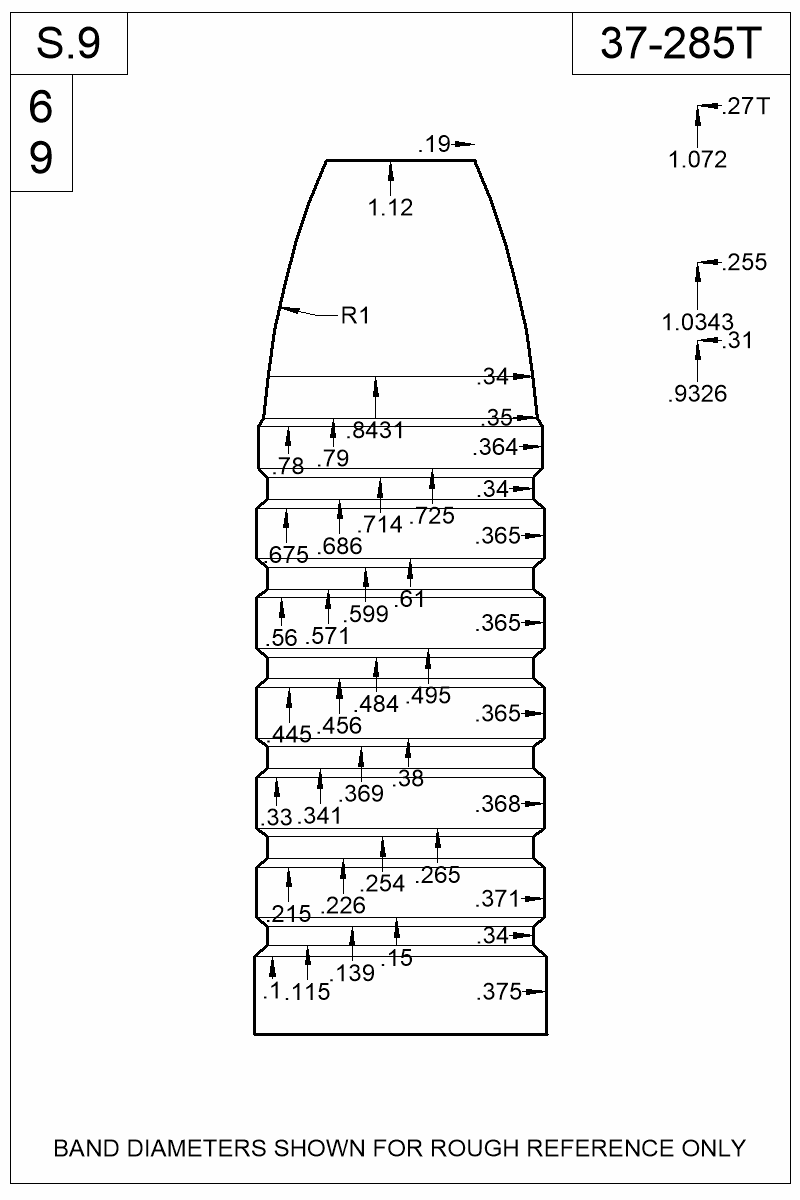 Dimensioned view of bullet 37-285T