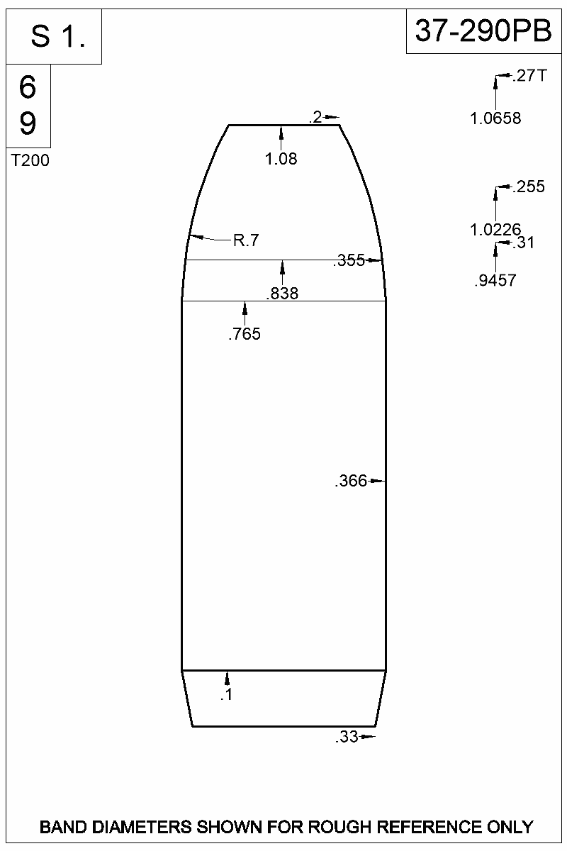 Dimensioned view of bullet 37-290PB