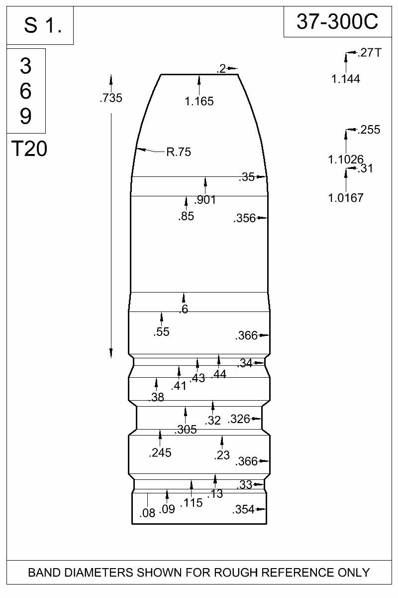 Dimensioned view of bullet 37-300C