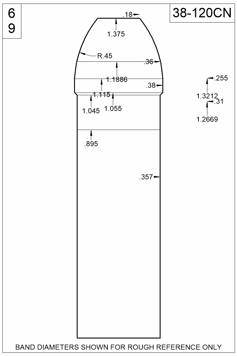 Dimensioned view of bullet 38-120CN
