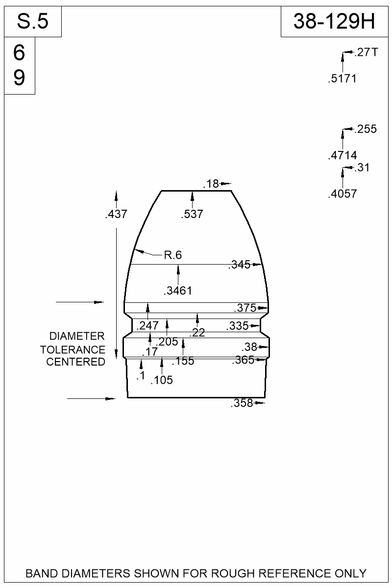 Dimensioned view of bullet 38-129H