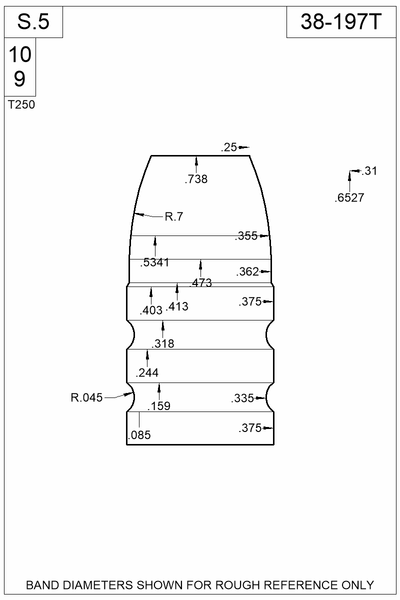 Dimensioned view of bullet 38-197T