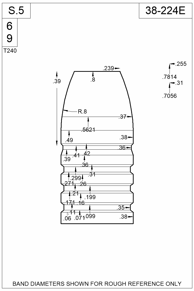 Dimensioned view of bullet 38-224E