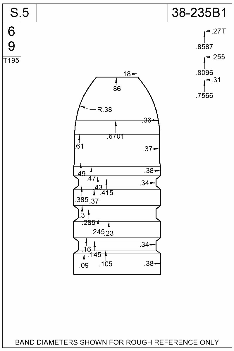 Dimensioned view of bullet 38-235B1