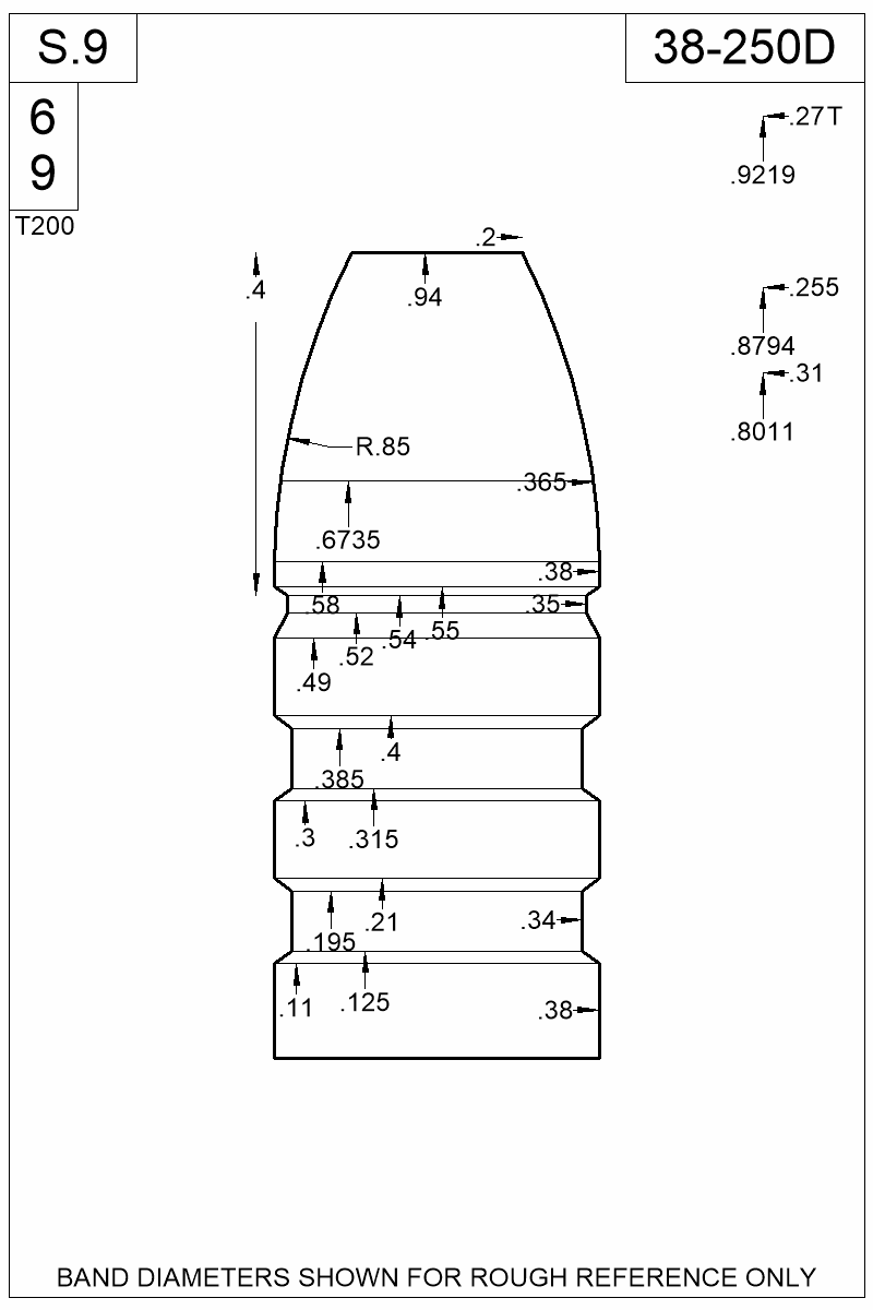 Dimensioned view of bullet 38-250D