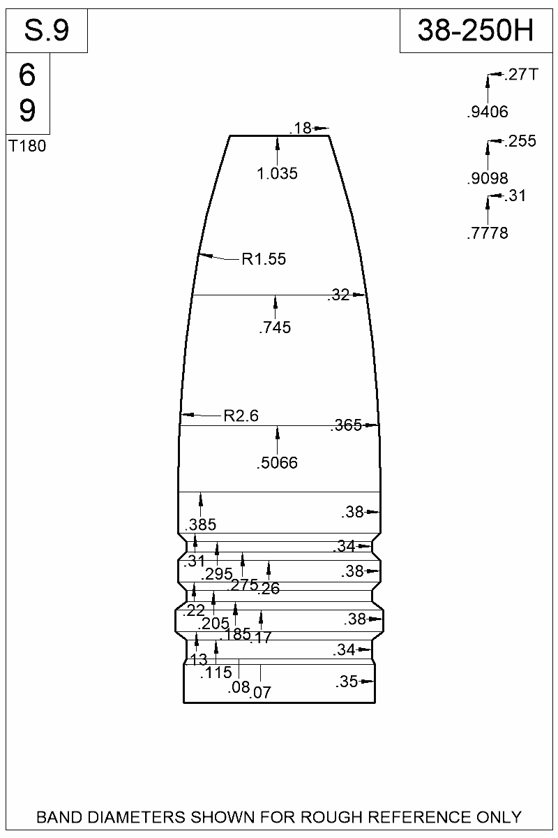 Dimensioned view of bullet 38-250H