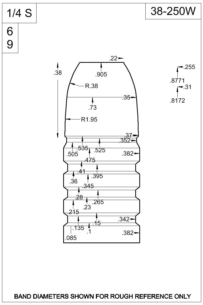 Dimensioned view of bullet 38-250W