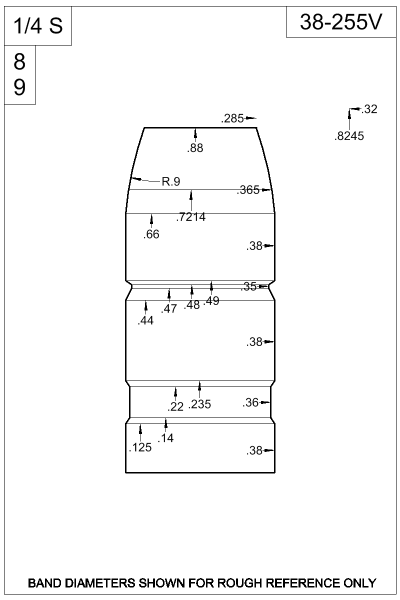 Dimensioned view of bullet 38-255V