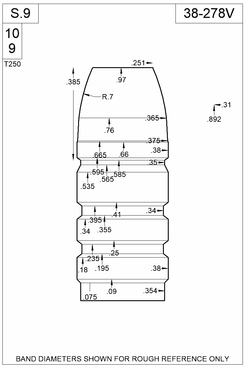 Dimensioned view of bullet 38-278V