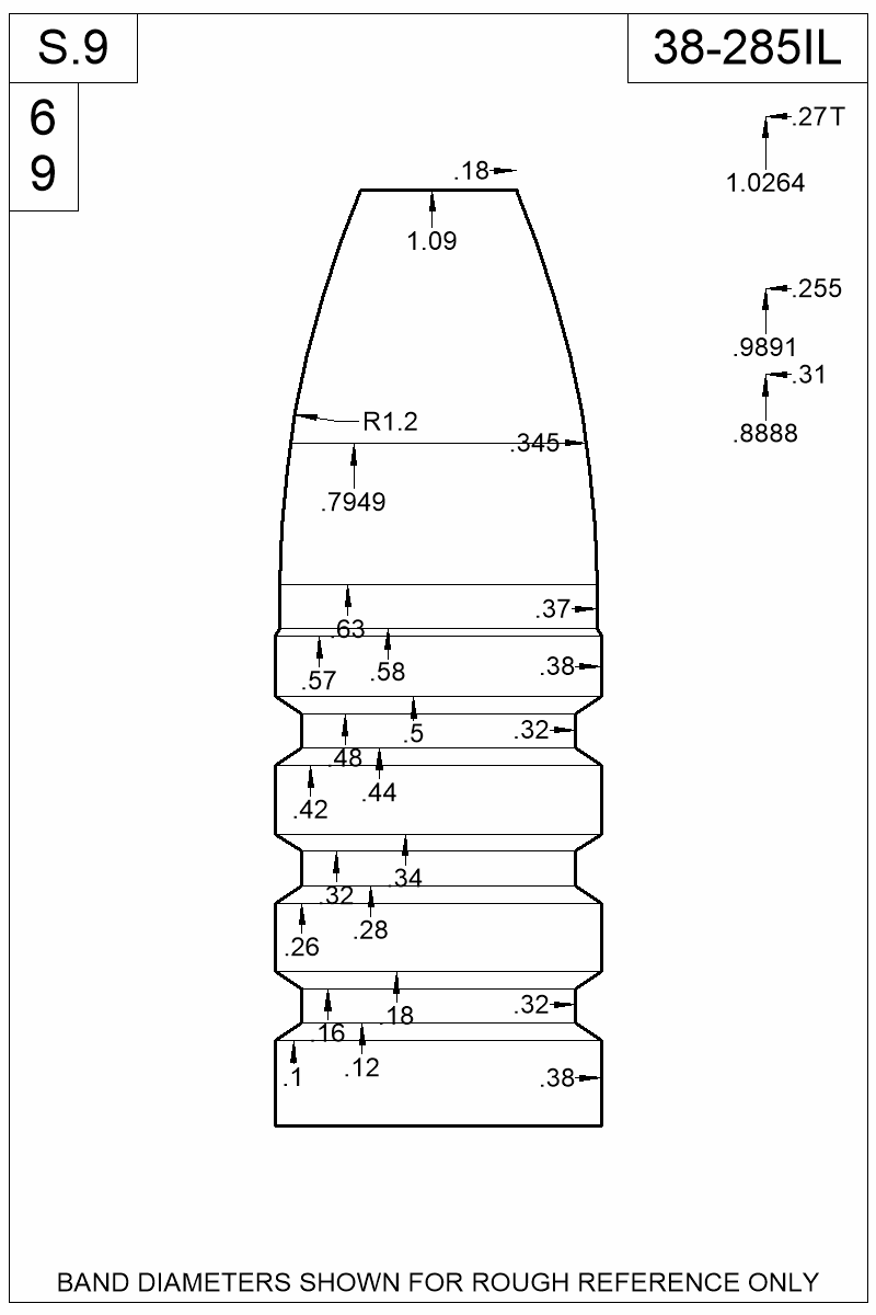 Dimensioned view of bullet 38-285IL