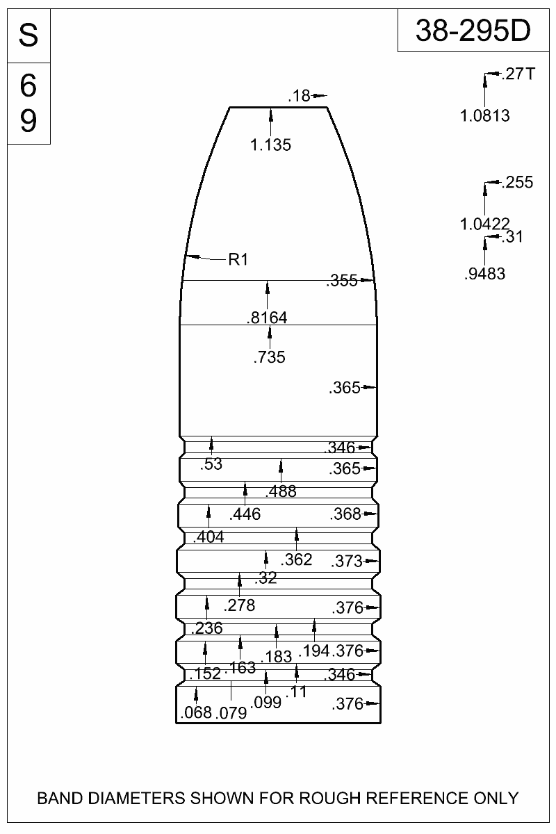 Dimensioned view of bullet 38-295D