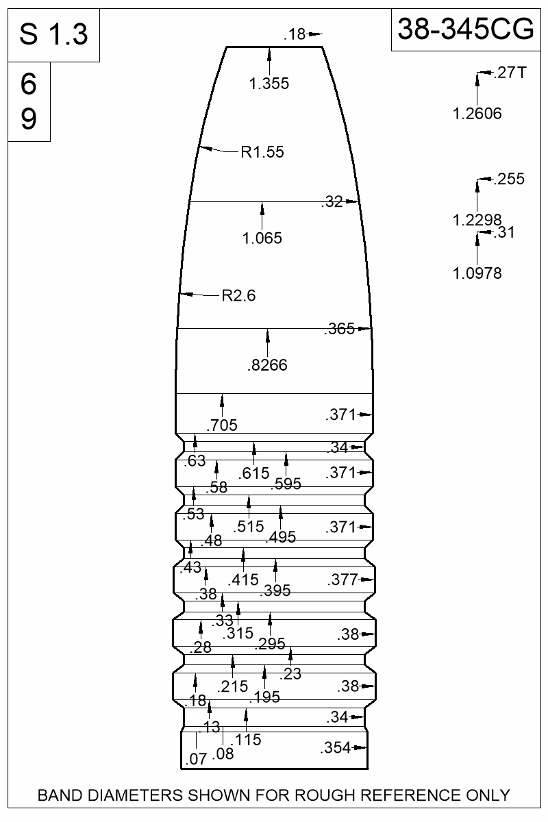 Dimensioned view of bullet 38-345CG