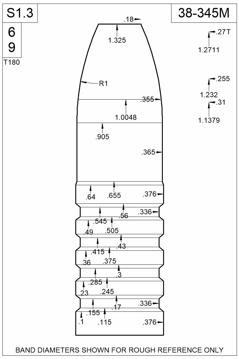 Dimensioned view of bullet 38-345M