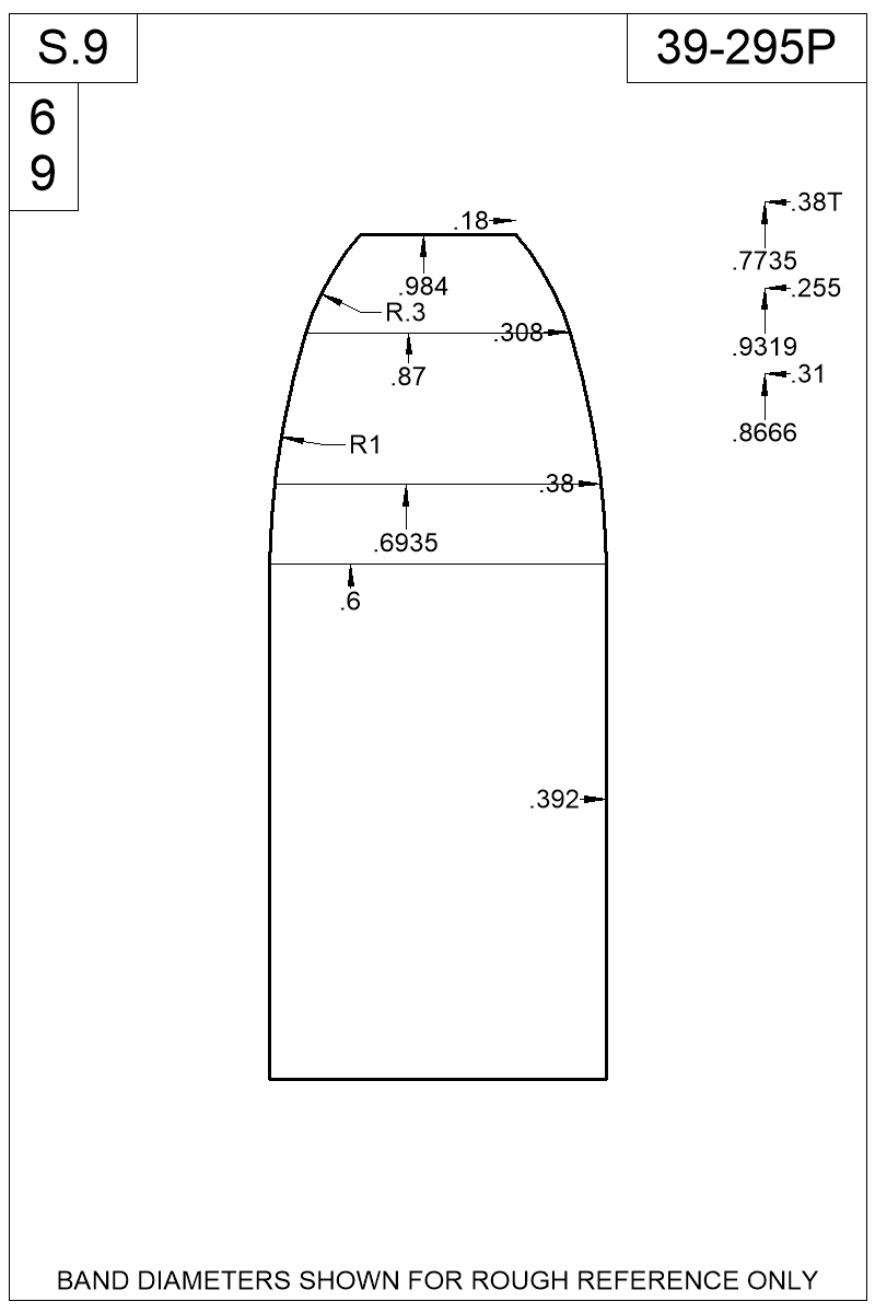 Dimensioned view of bullet 39-295P