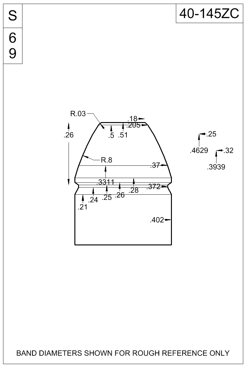 Dimensioned view of bullet 40-145ZC