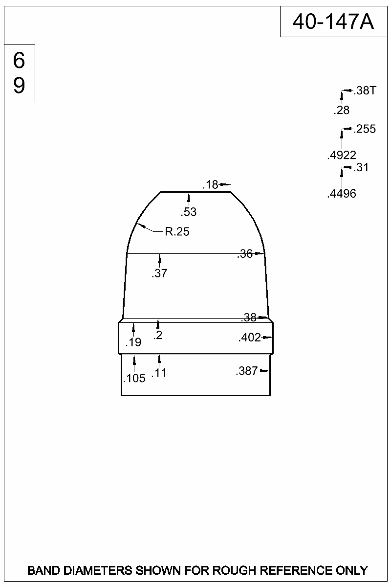 Dimensioned view of bullet 40-147A