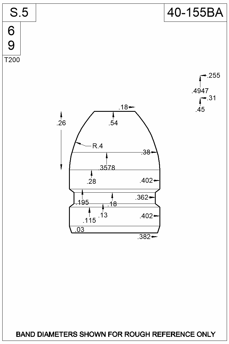 Dimensioned view of bullet 40-155BA