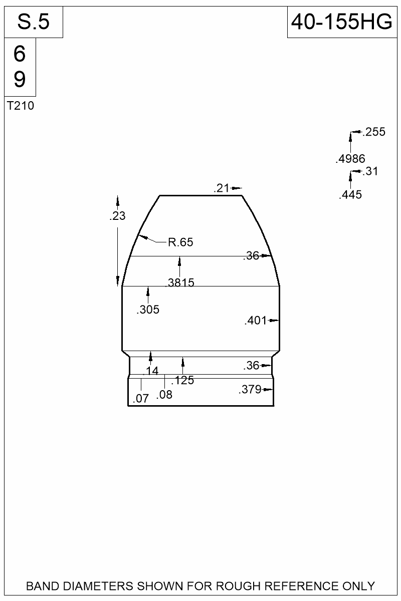 Dimensioned view of bullet 40-155HG