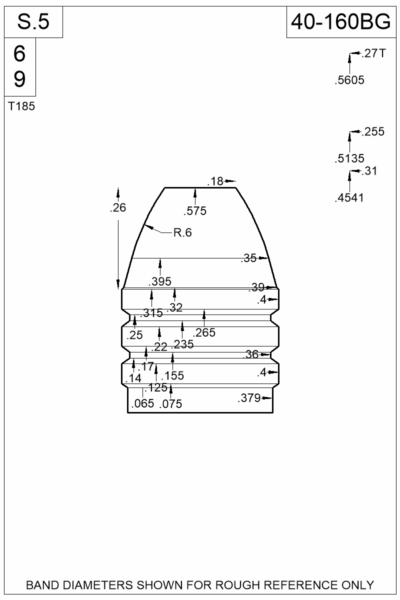 Accurate Molds catalog #40-160BG Dimensioned view of bullet 40-160BG