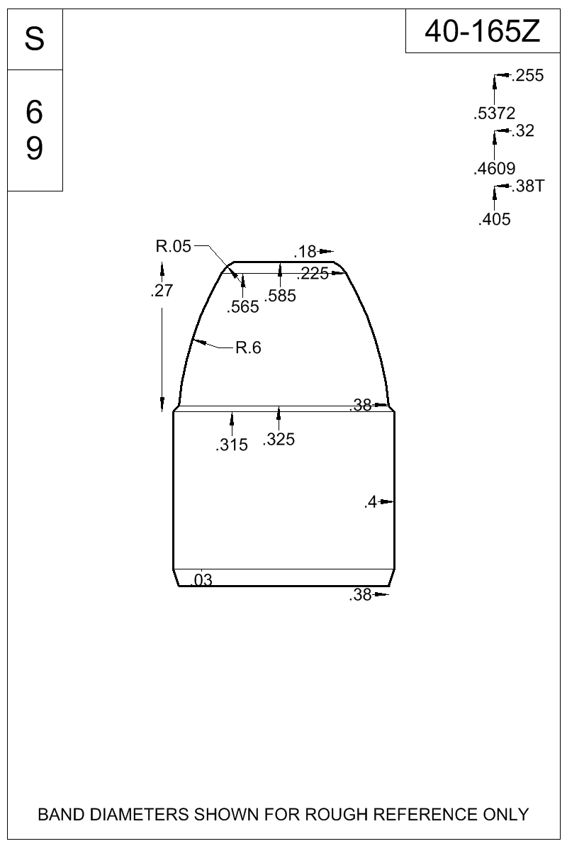 Dimensioned view of bullet 40-165Z
