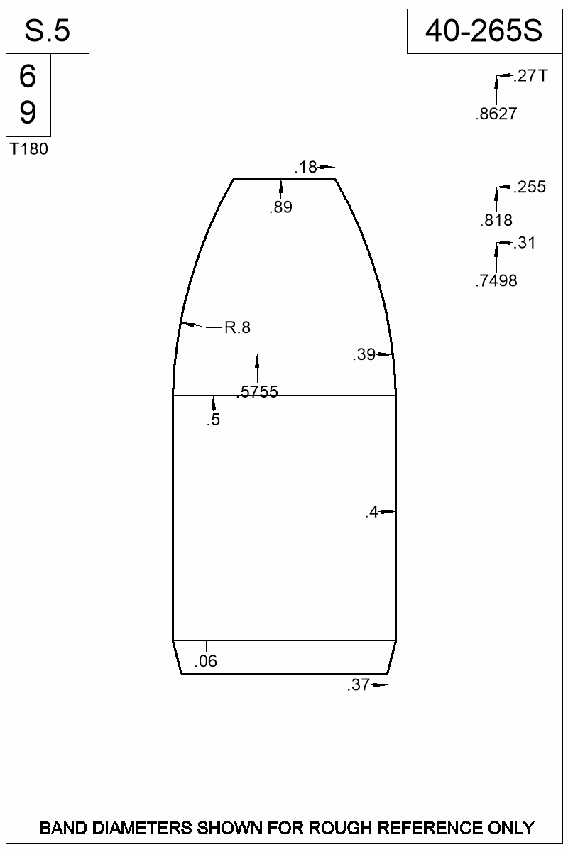 Dimensioned view of bullet 40-265S