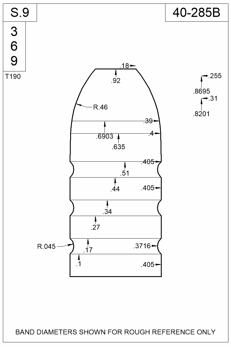 Dimensioned view of bullet 40-285B