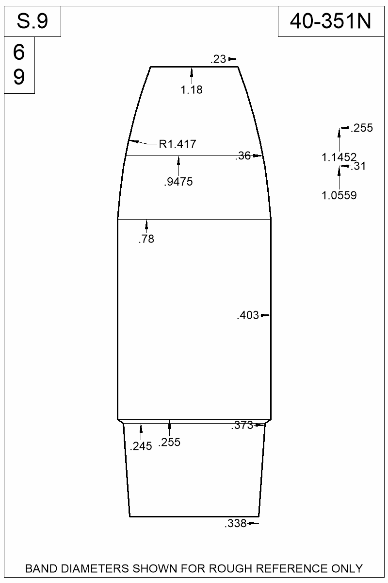Dimensioned view of bullet 40-351N