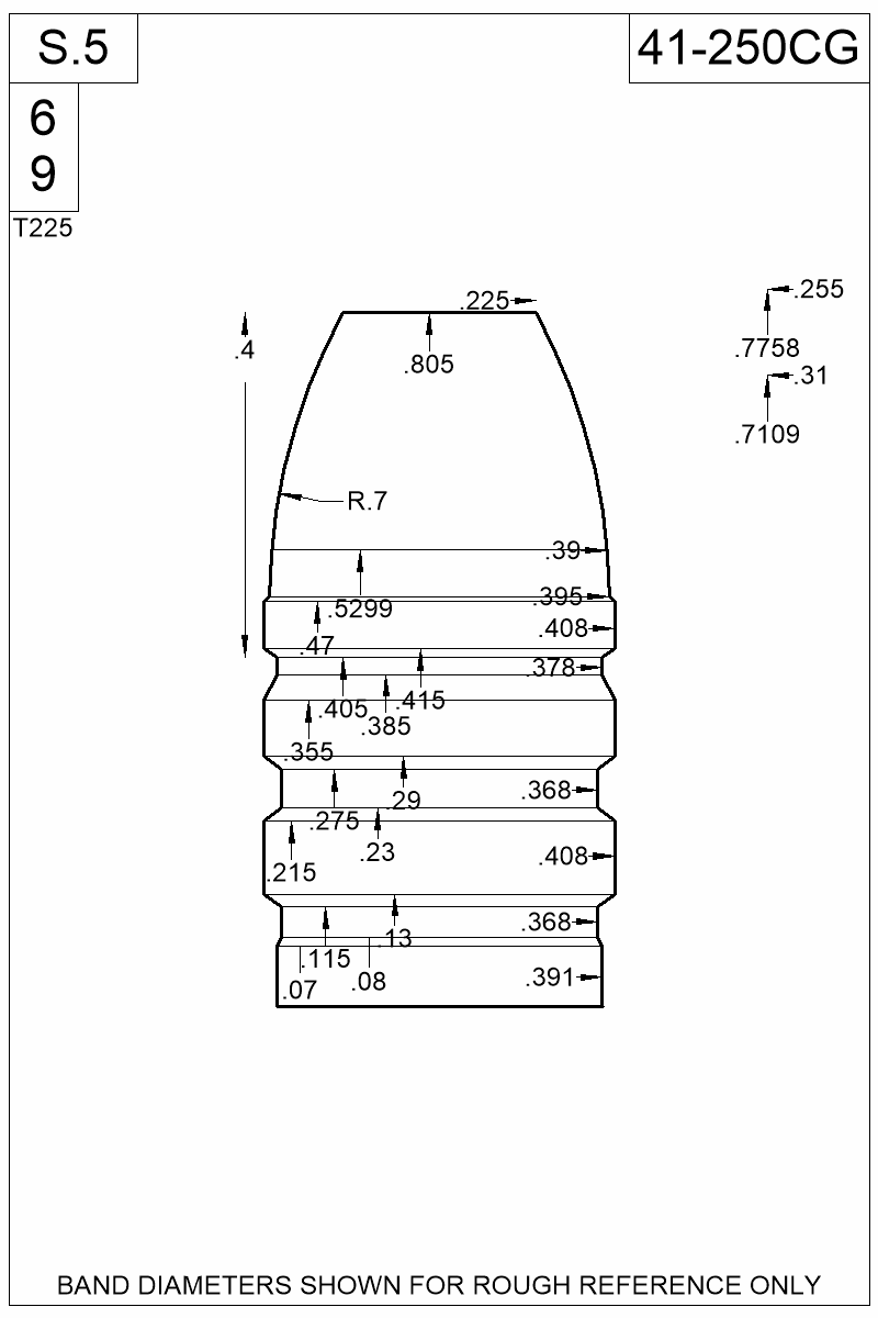Dimensioned view of bullet 41-250CG