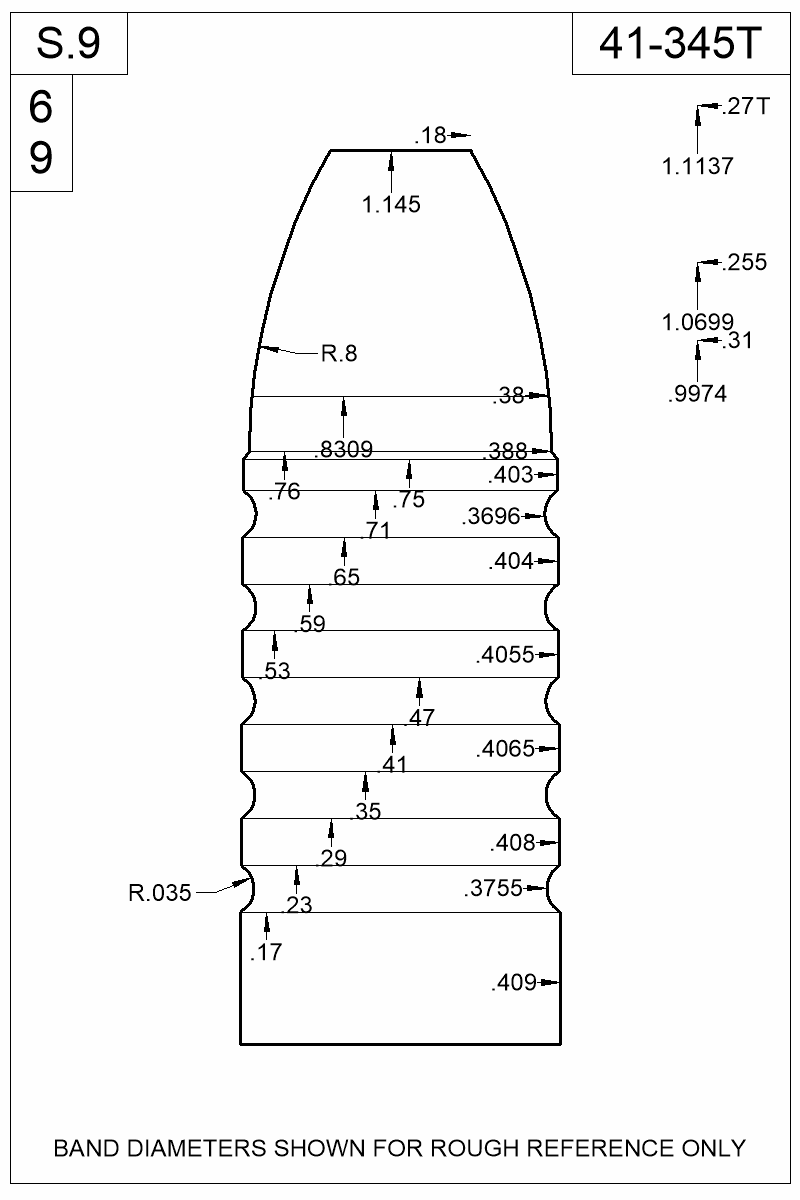 Dimensioned view of bullet 41-345T