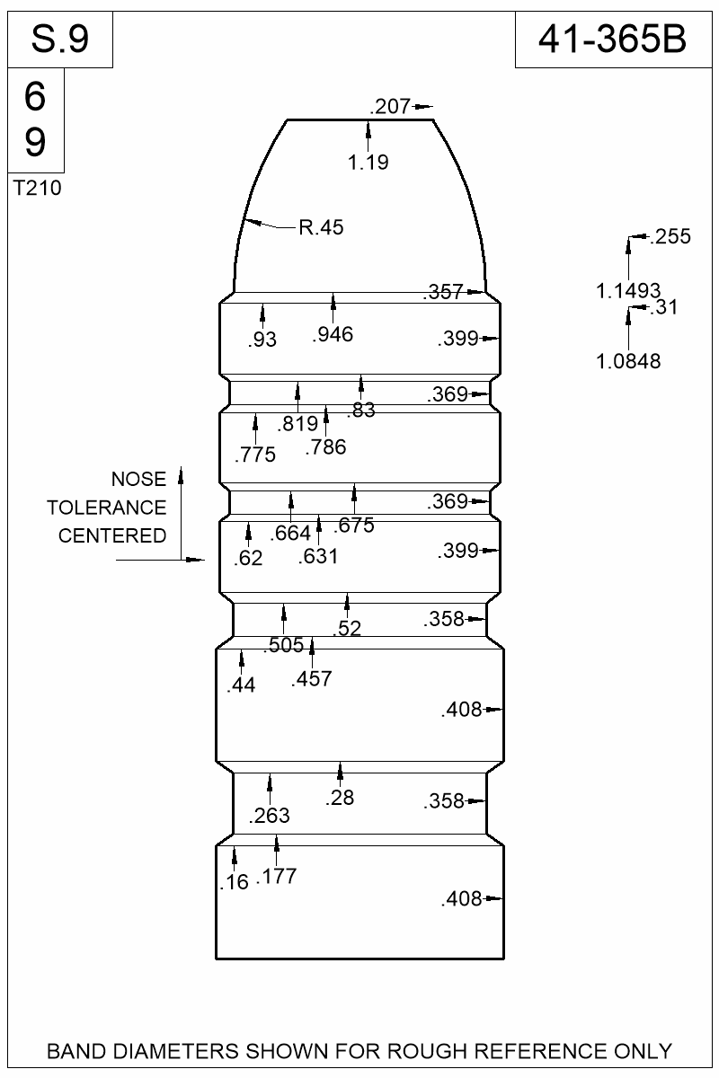 Dimensioned view of bullet 41-365B