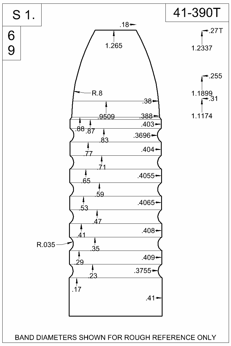 Dimensioned view of bullet 41-390T