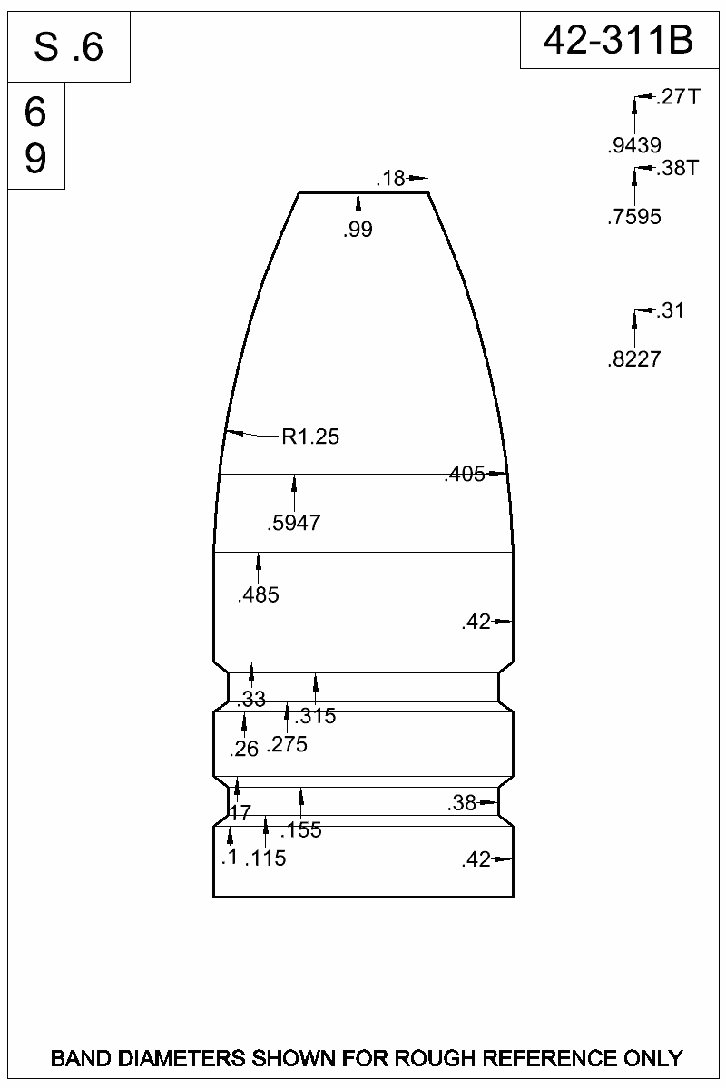 Dimensioned view of bullet 42-311B