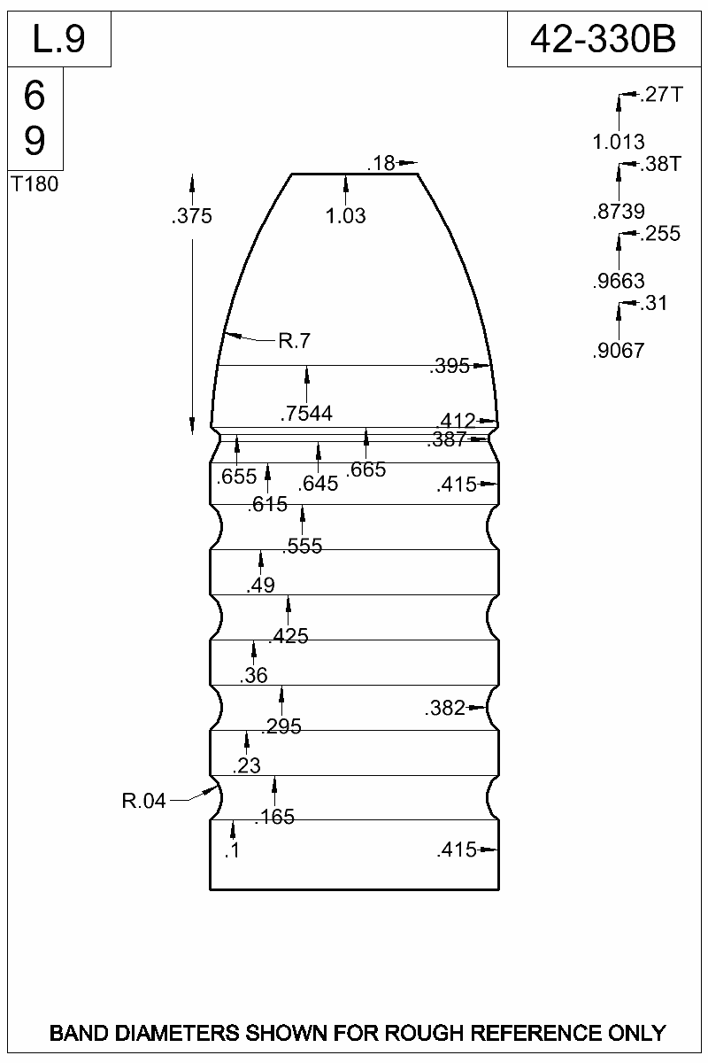 Dimensioned view of bullet 42-330B