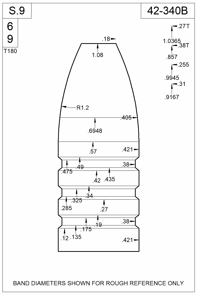 Dimensioned view of bullet 42-340B