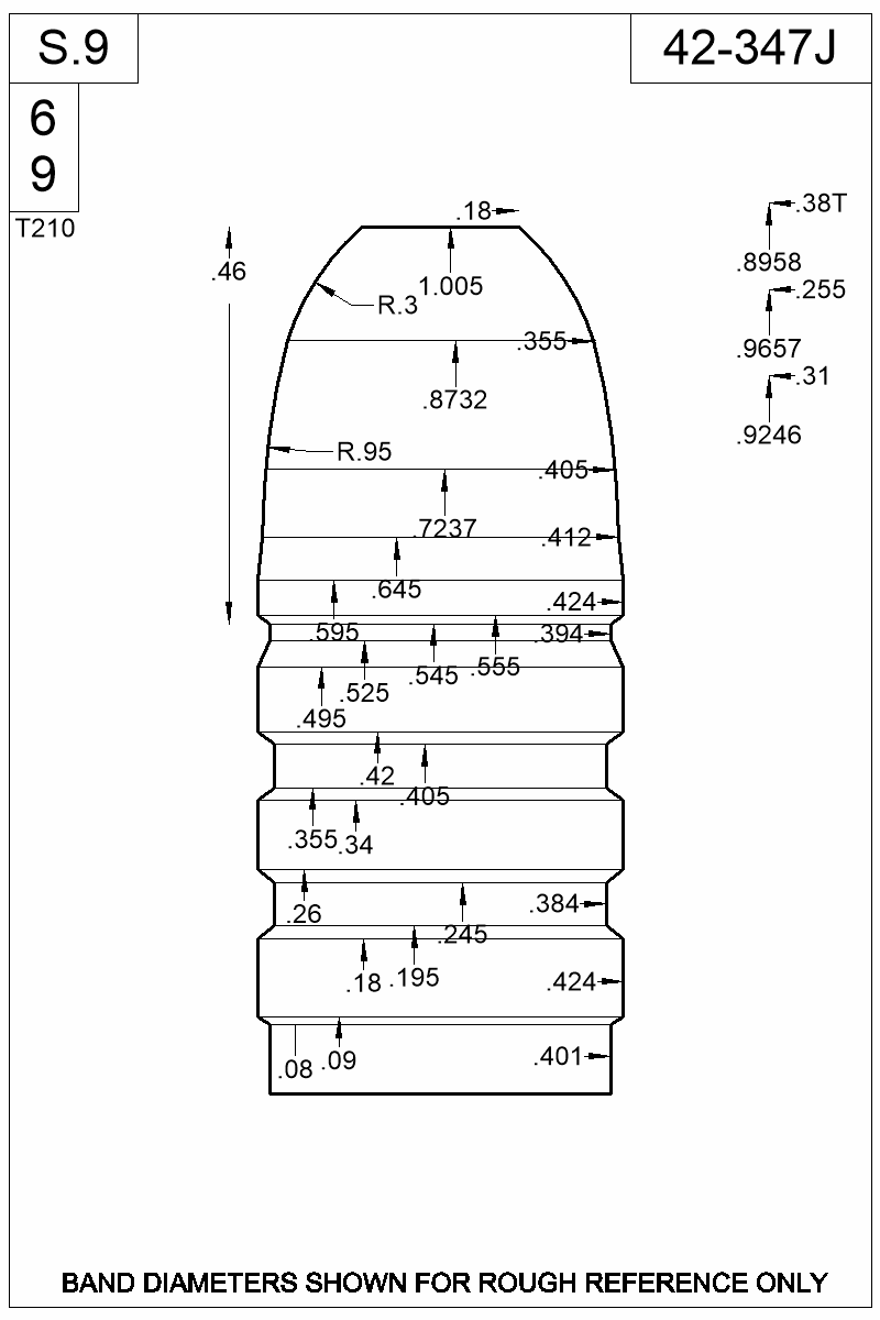 Dimensioned view of bullet 42-347J