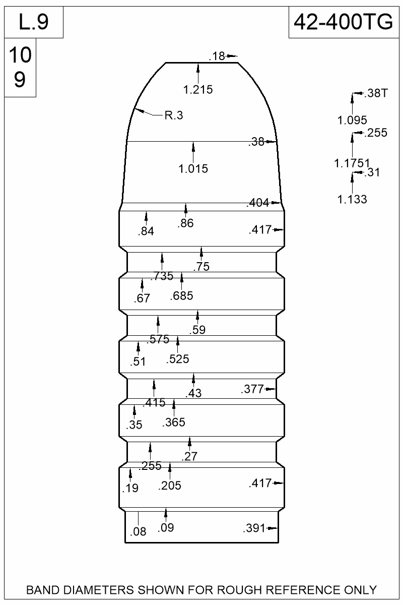 Dimensioned view of bullet 42-400TG
