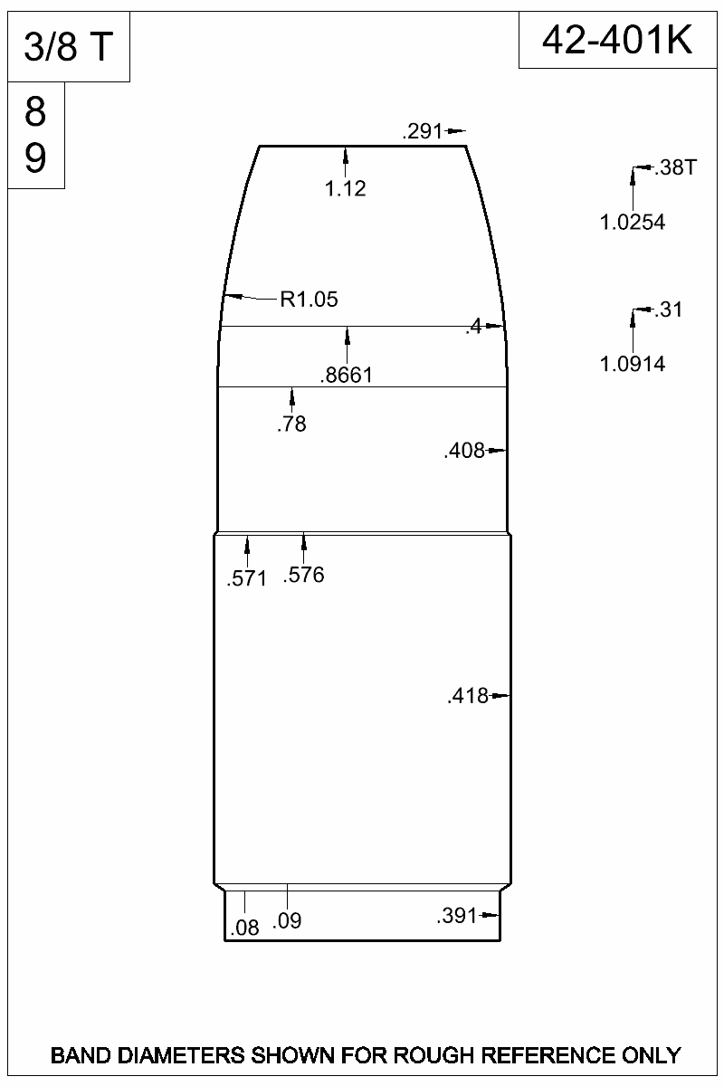Dimensioned view of bullet 42-401K