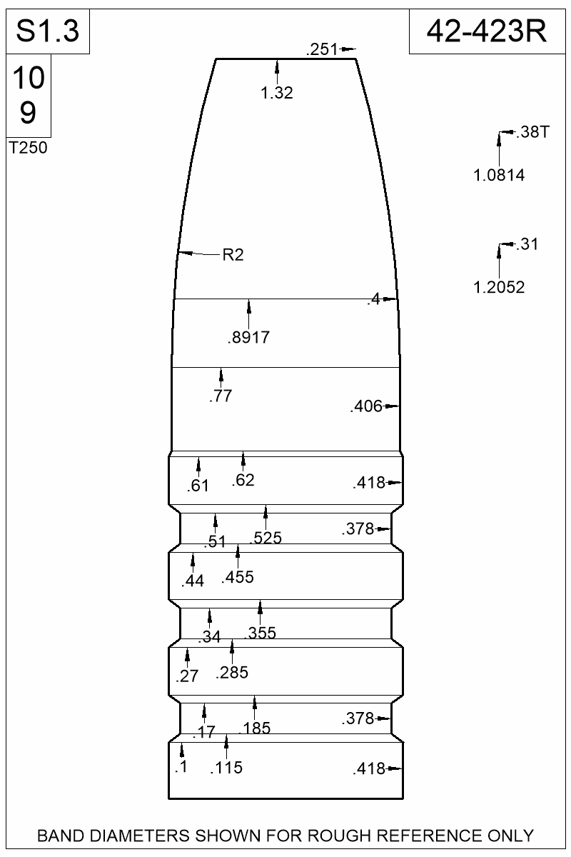 Dimensioned view of bullet 42-423R
