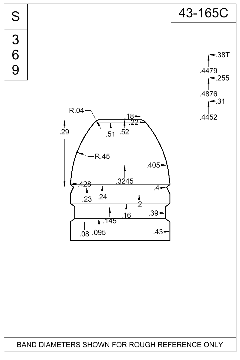 Dimensioned view of bullet 43-165C