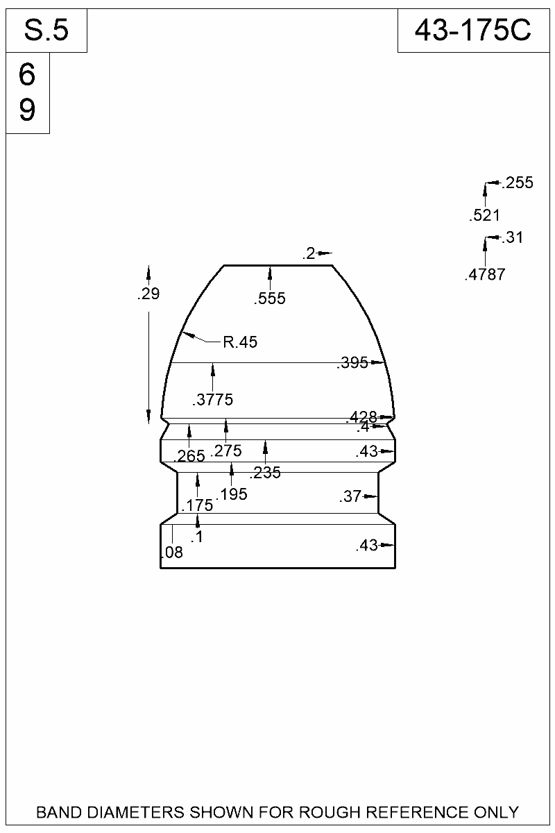 Dimensioned view of bullet 43-175C