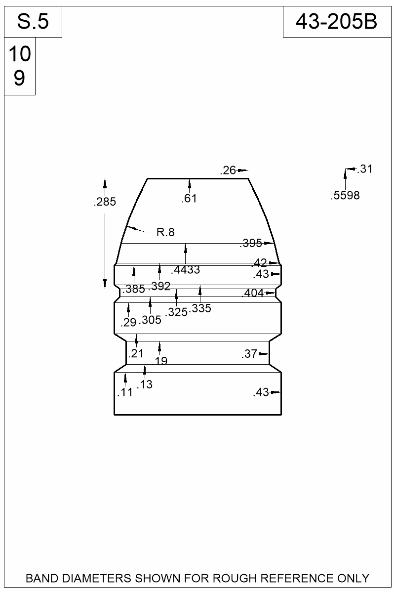 Dimensioned view of bullet 43-205B