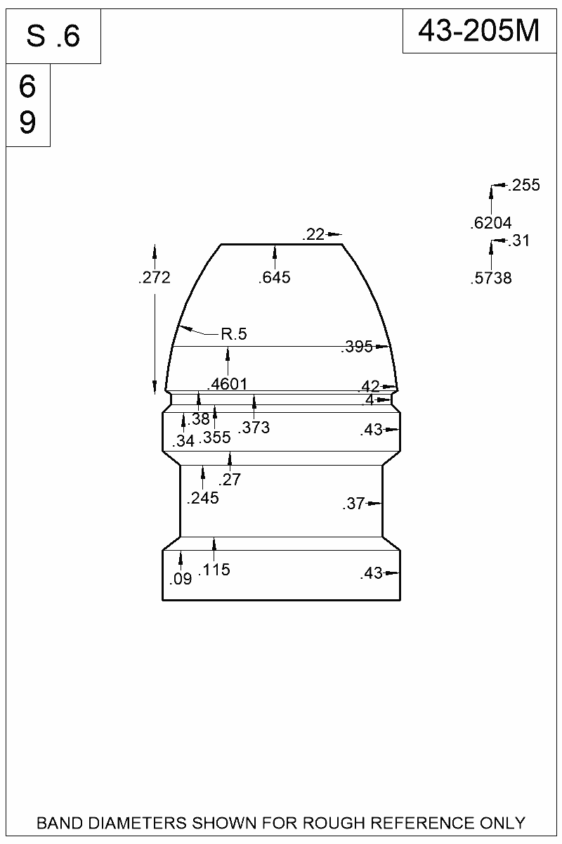 Dimensioned view of bullet 43-205M