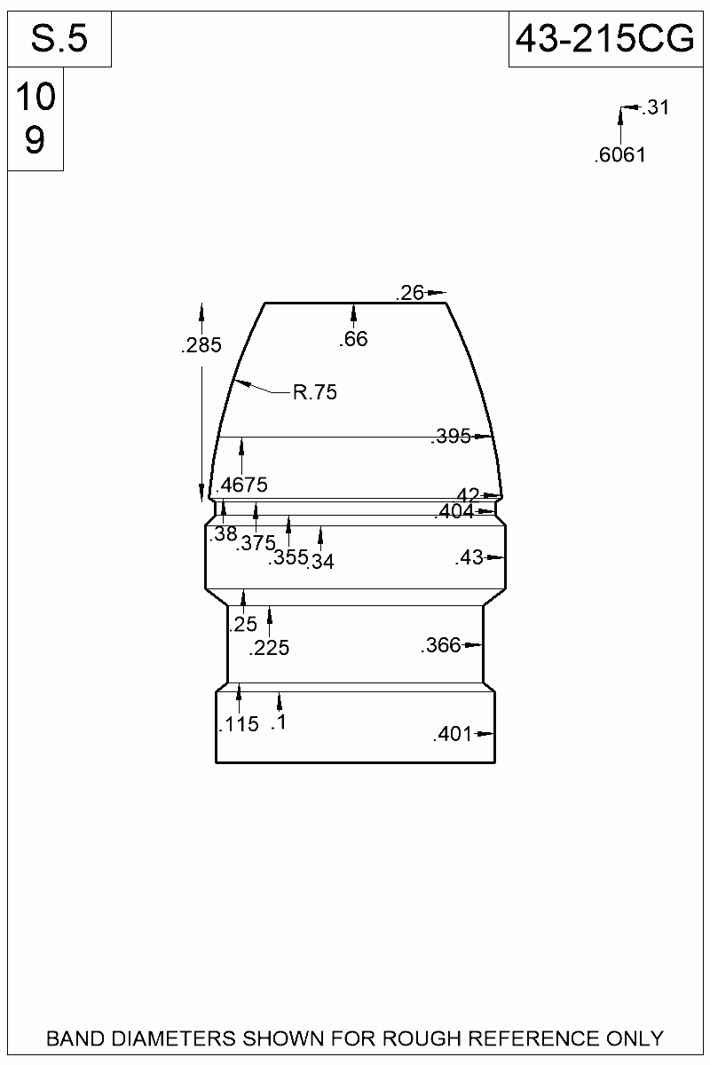 Dimensioned view of bullet 43-215CG