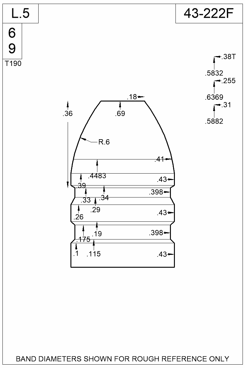Dimensioned view of bullet 43-222F