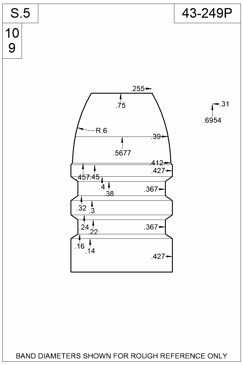 Dimensioned view of bullet 43-249P