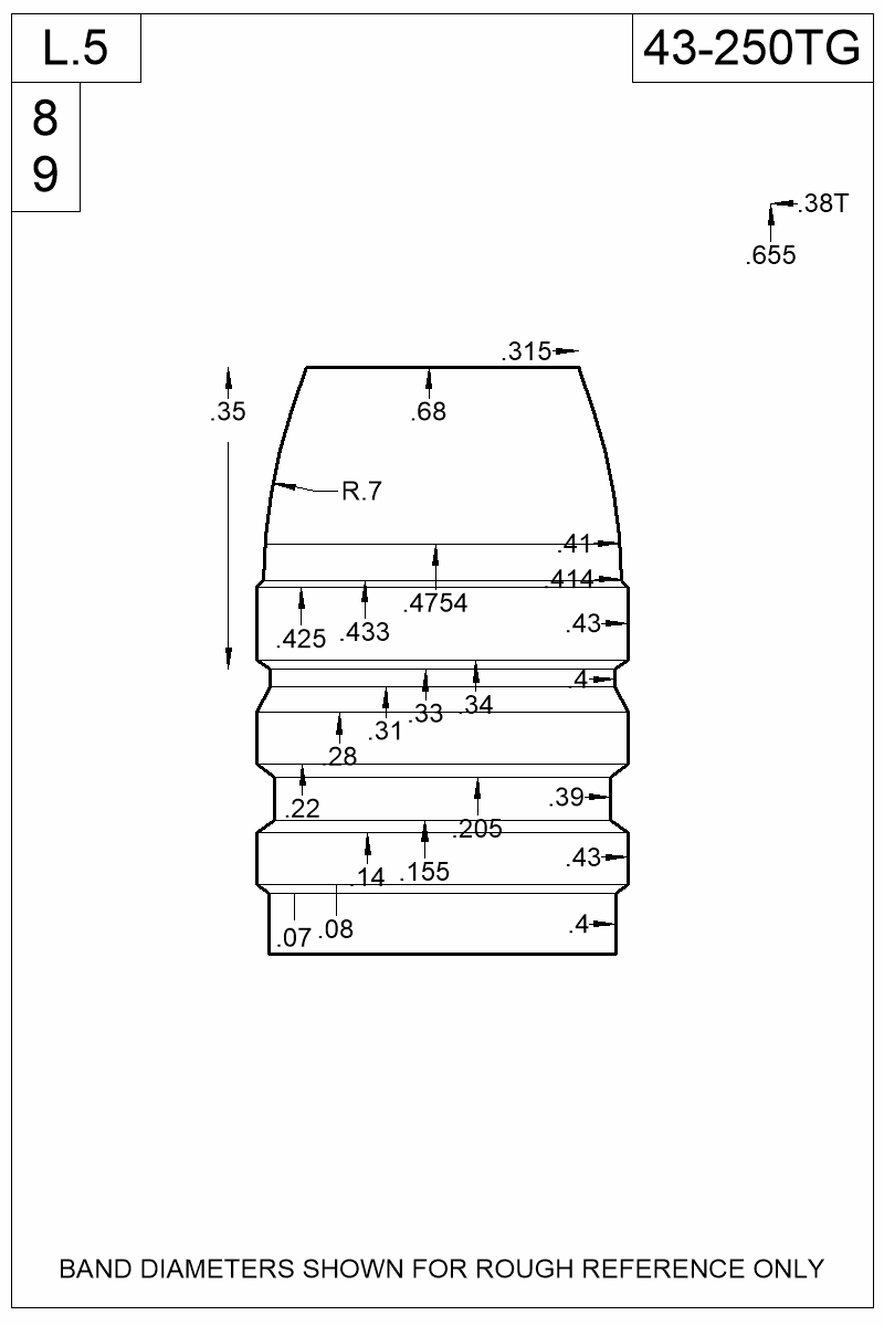 Accurate Molds catalog #43-250TG Dimensioned view of bullet 43-250TG