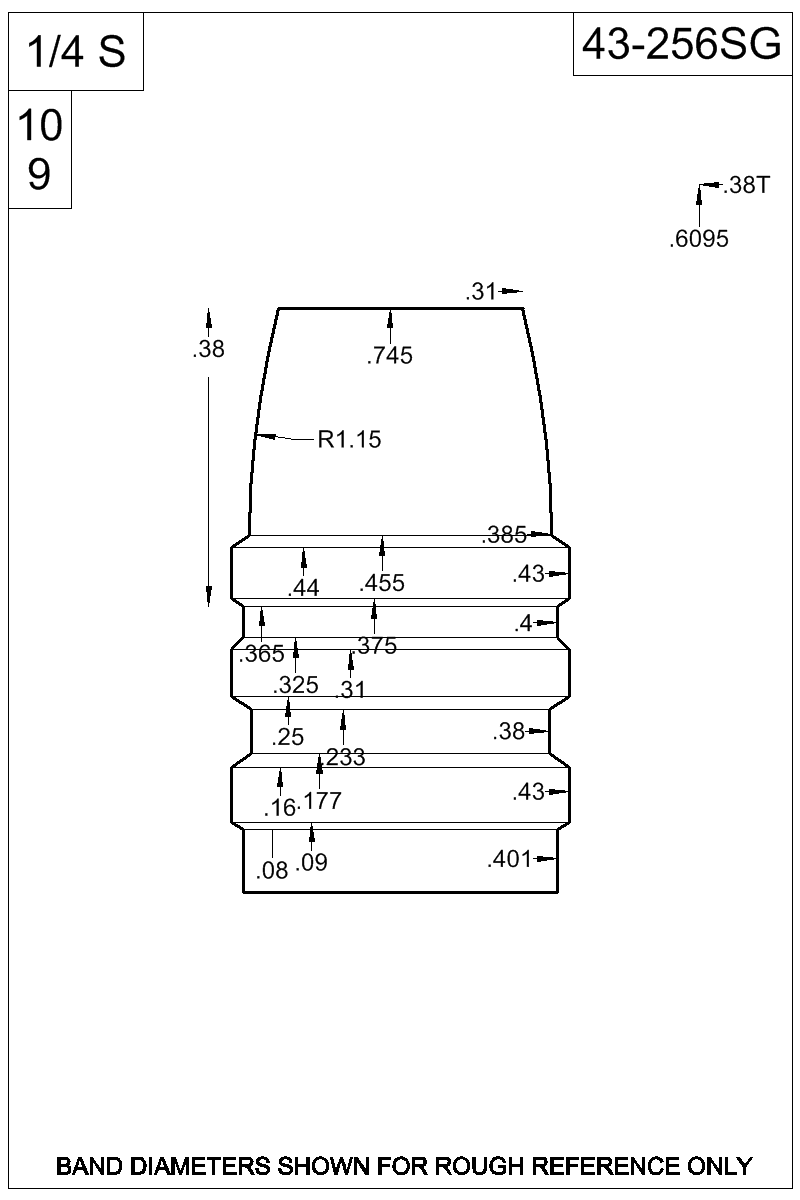 Dimensioned view of bullet 43-256SG