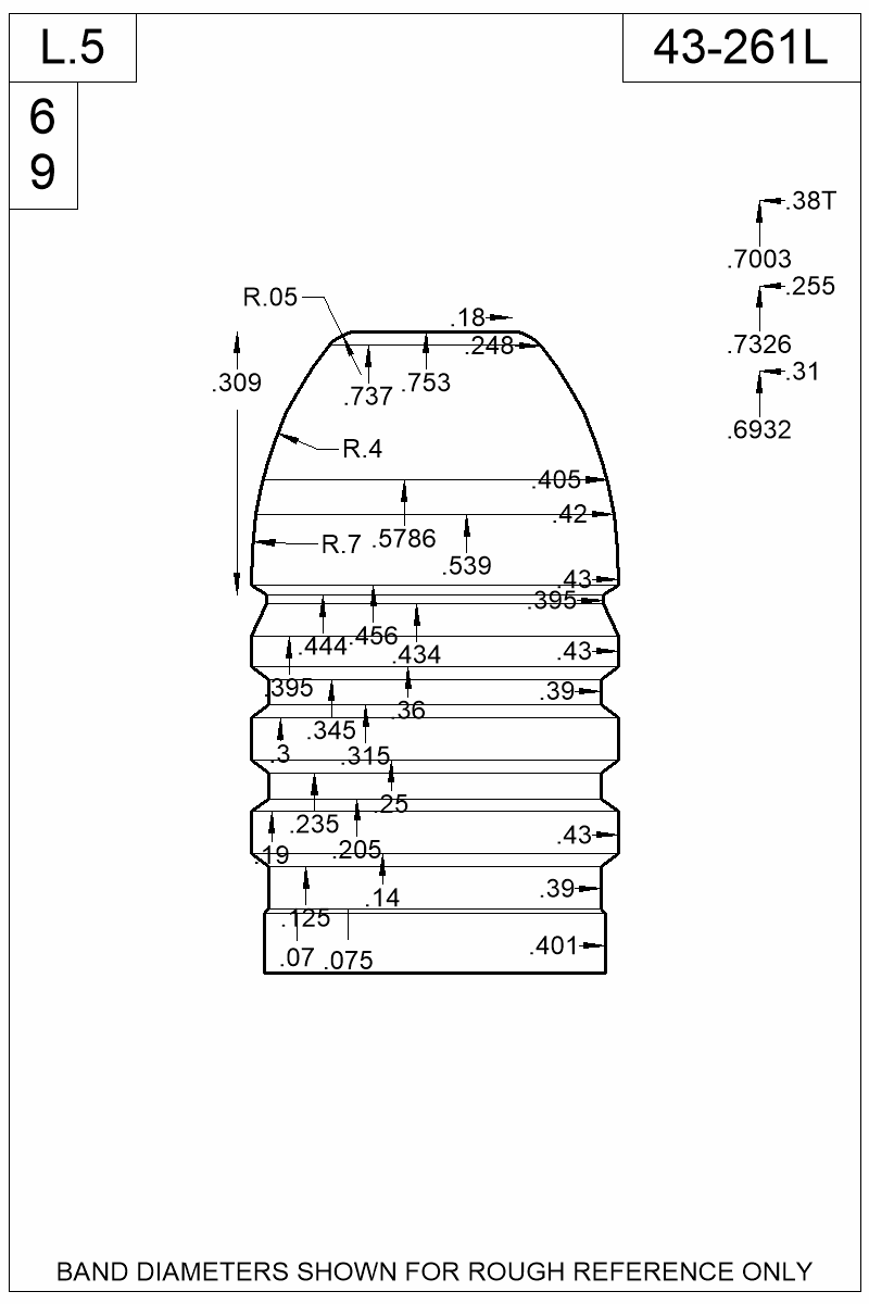 Dimensioned view of bullet 43-261L
