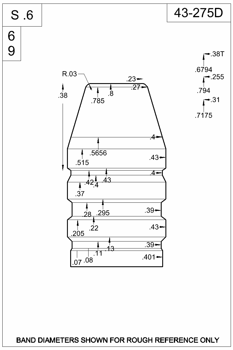 Dimensioned view of bullet 43-275D